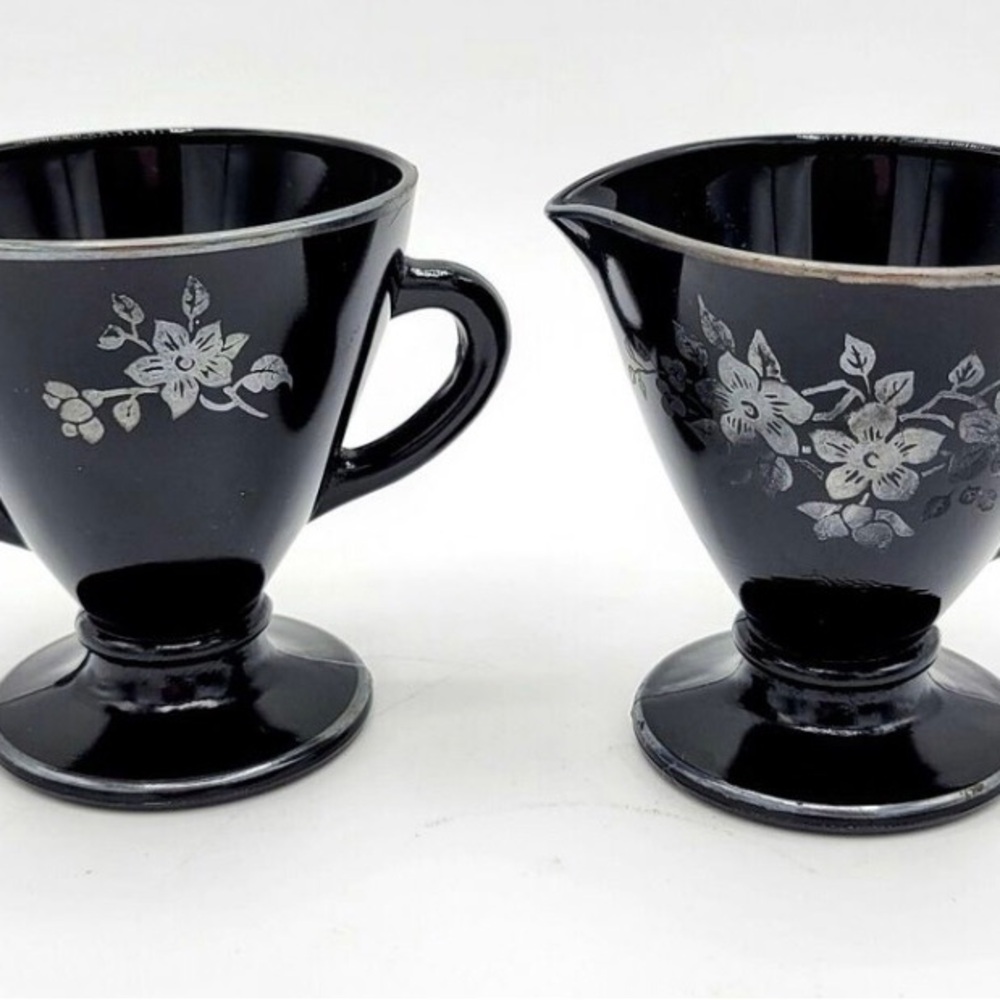 Vintage Black Floral Creamer and Sugar Set